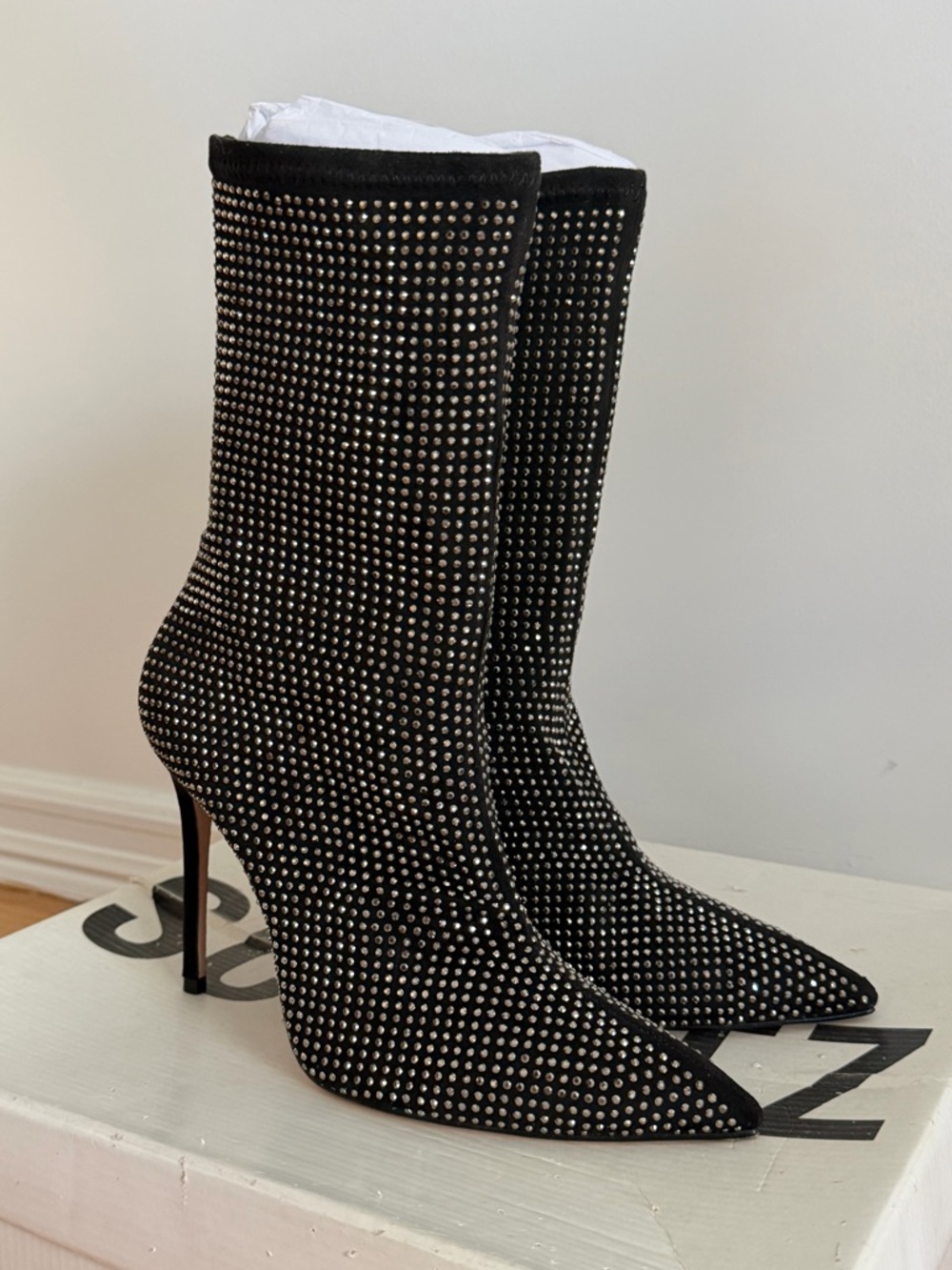 Schutz Rhinestone Black Faux Suede Ankle Boots Stiletto Heel Booties Size 7.5